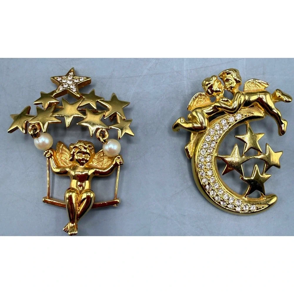 Vintage Gold Tone Cherub Brooch Set Celestial Moon Stars Faux Pearl Rhinestone